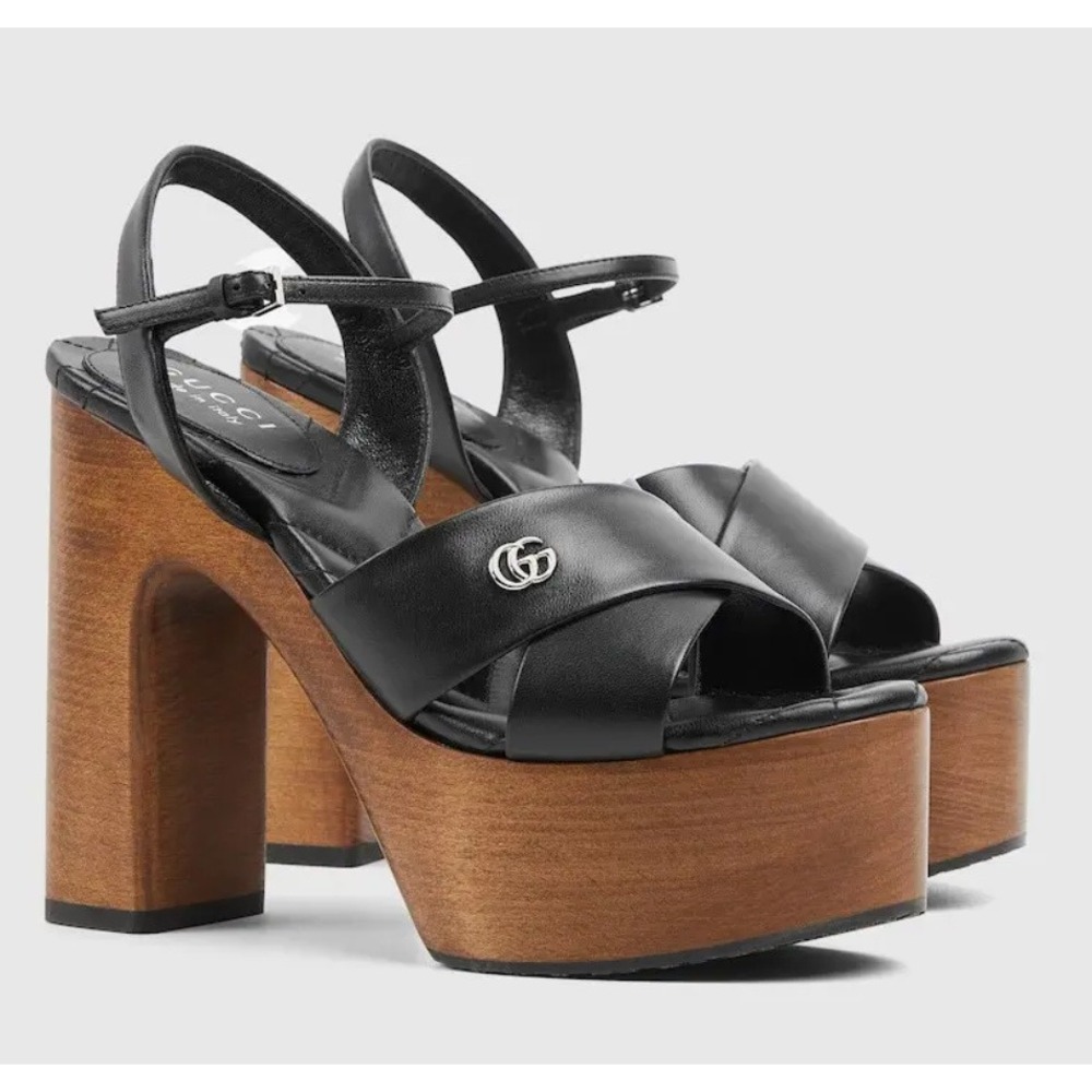 Gucci Nappa Charlotte Black Leather Wood Platform Block Heel Sandals 835313 sz40 - Picture 4 of 16
